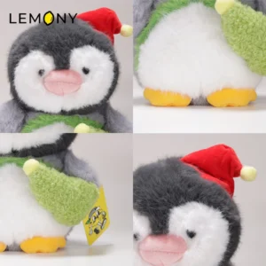รายละเอียดสี่มุมของ ตุ๊กตาเพนกวินคริสต์มาส LEMONY แสดงชุดและหมวกคริสต์มาส