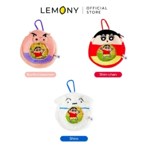 ภาพรวมกระเป๋าใส่เหรียญผ้ากำมะหยี่ตัวละครชินจัง 3 รูปแบบ ได้แก่ บูริบูริซาเอมอน, ชินจัง และชิโร่