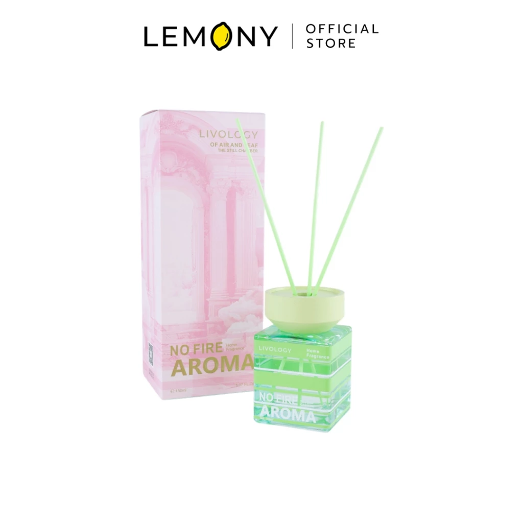ก้านไม้หอม LIVOLOGY กลิ่น The Still Chamber ดีไซน์ขวดลายทางสีเขียว ฝาและก้านสีเขียวพาสเทล