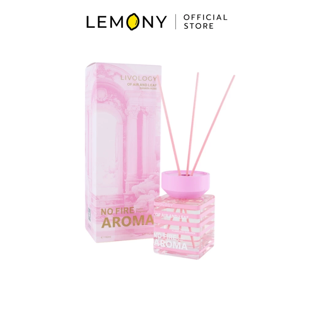 ก้านไม้หอม LIVOLOGY กลิ่น Sahara Rose ขวดลายทางสีชมพู ฝาและก้านสีชมพูเข้าชุดกัน