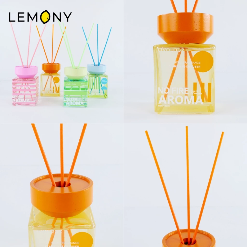 ภาพรวมสินค้า LIVOLOGY รุ่น No Fire Aroma ทั้ง 4 กลิ่น และภาพซูมรายละเอียดฝาขวดและก้านไม้