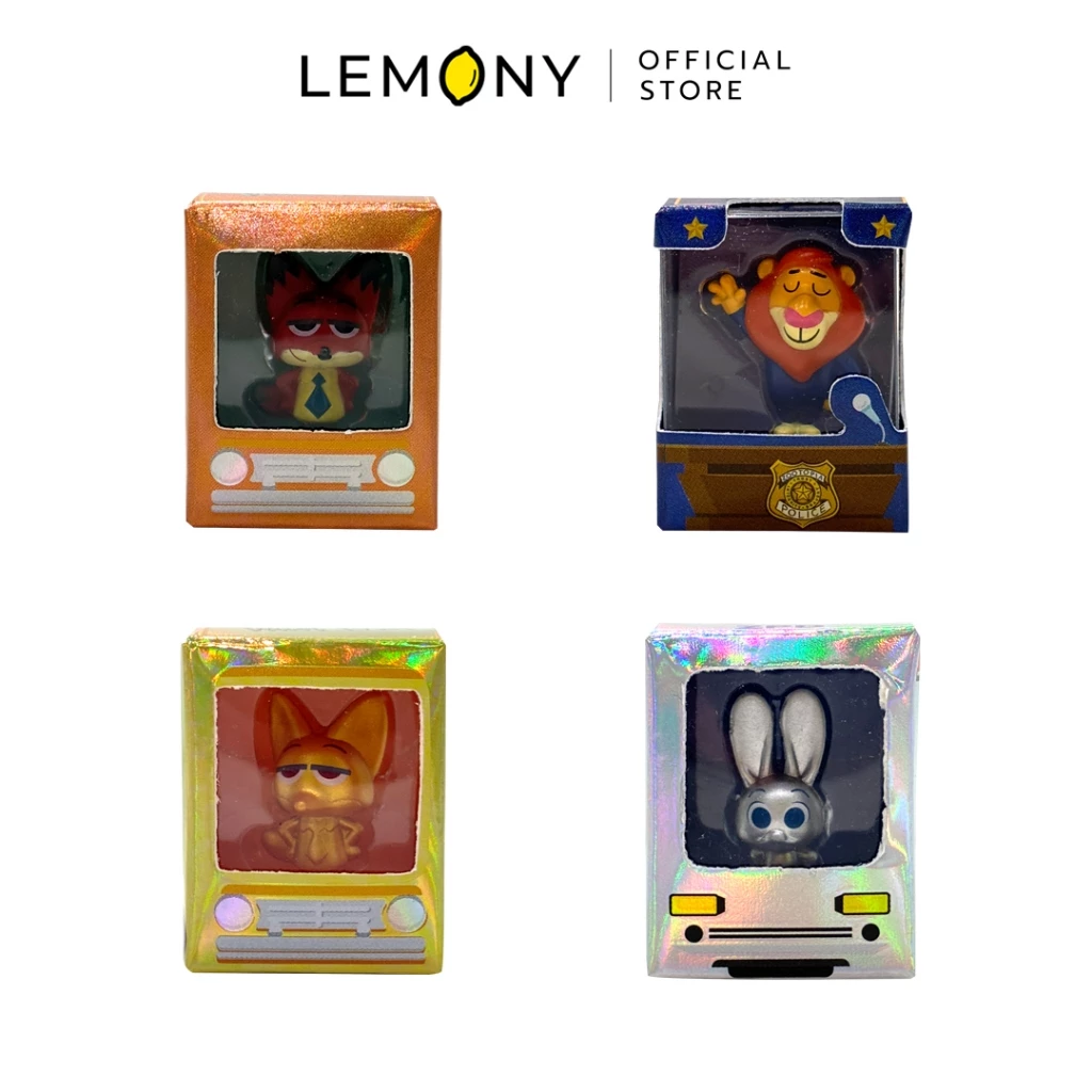 ภาพเจาะจงมินิฟิกเกอร์ซูโทเปีย LEMONY จำนวน 4 กล่องที่เป็นตัวท็อปและตัวแรร์ ได้แก่ จิ้งจอกนิกไวลด์ (Nick Wilde) ในกล่องส้มทอง, นายกเทศมนตรีสิงโต (Mayor Lionheart) บนโพเดียม และแถบด้านล่างเป็นฟิกเกอร์ตัวซีเคร็ท (Secret) สีทองลาย Nick และตัวซีเคร็ทสีเงินเงาวับลาย Judy หูตั้งตรง
