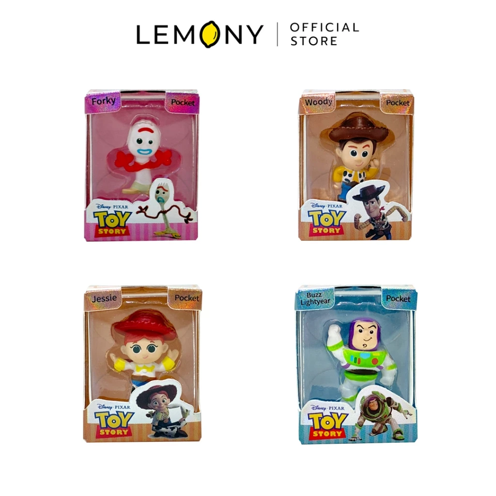 ภาพเจาะจงมินิฟิกเกอร์ทอยสตอรี่ LEMONY จำนวน 4 กล่องที่เป็นกลุ่มตัวละครหลักและตัวแรร์ ประกอบด้วย ช้อนกึ่งส้อมฟอร์กี้ตัวซีเคร็ท (Secret Forky) ในกล่องสีชมพูบานเย็น, นายอำเภอวู้ดดี้ (Woody) ในกล่องสีทอง, คาวเกิร์ลเจสซี่ (Jessie) ในกล่องสีส้มทอง และหุ่นอวกาศบัซ ไลท์เยียร์ (Buzz Lightyear) ในกล่องสีฟ้าเมทัลลิก