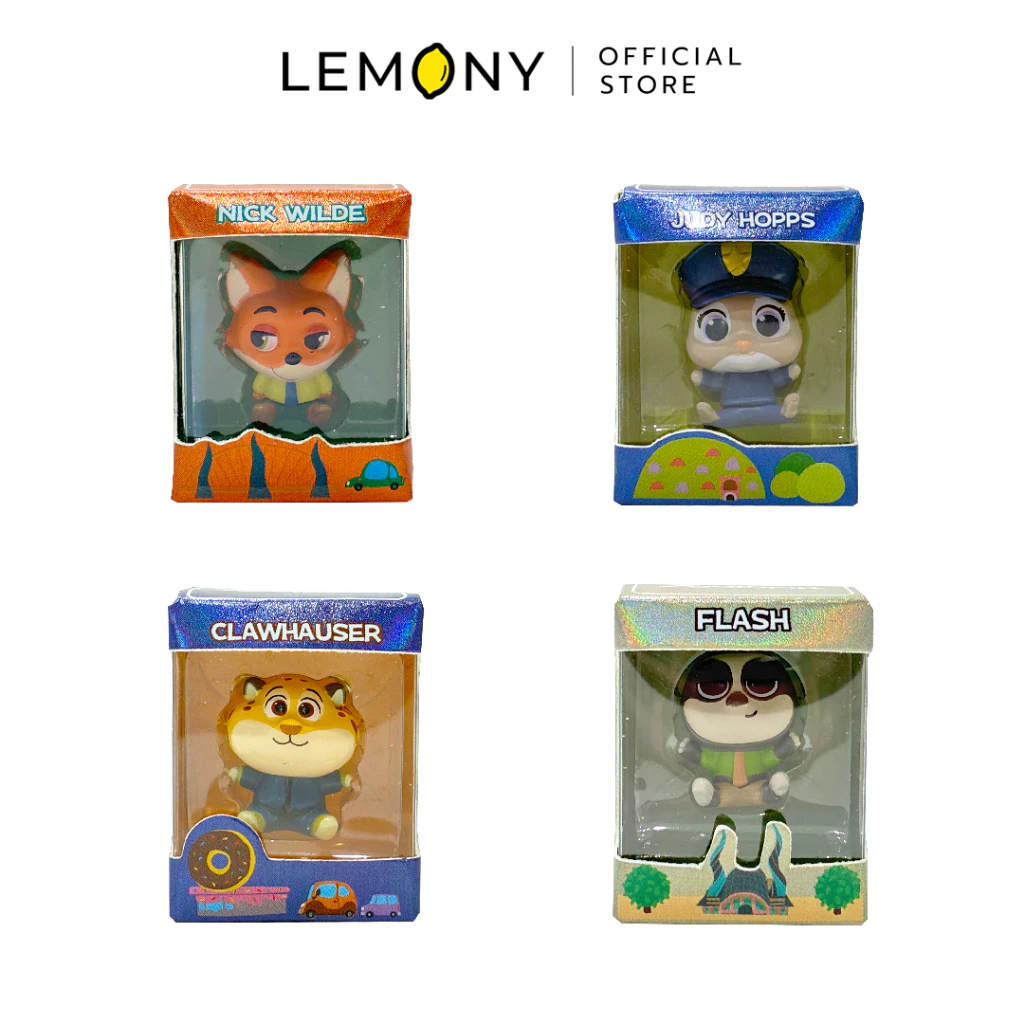 ภาพเจาะจงมินิฟิกเกอร์ซูโทเปีย LEMONY ซีรีส์ Hug จำนวน 4 กล่อง ประกอบด้วย จิ้งจอกนิกไวลด์ลุคคลาสสิก (Nick Wilde) ในกล่องสีส้ม, กระต่ายตำรวจสาวจูดี้ (Judy Hopps) ในกล่องสีน้ำเงิน, เสือชีตาห์อ้วนกลม (Clawhauser) ในกล่องสีกรมท่า และสล็อตแฟลช (Flash) ตาปรือในกล่องสีเงินประกายรุ้ง
