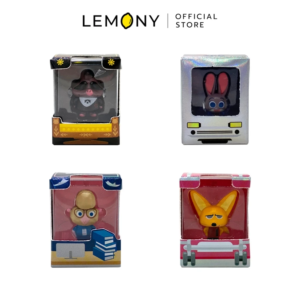 ภาพเจาะจงมินิฟิกเกอร์ซูโทเปีย LEMONY จำนวน 4 กล่อง ประกอบด้วย มาเฟียหนูผีมิสเตอร์บิ๊ก (Mr. Big) ในกล่องสีดำประดับดาวดอกไม้, กระต่ายสาวจูดี้ (Judy Hopps) ในกล่องสีเงินเมทัลลิกทรงรถตำรวจ, แกะสาวเบลล์เวเธอร์ (Bellwether) พร้อมกองหนังสือ และสุนัขจิ้งจอกฟินนิก (Finnick) ตัวจริงหน้าบูด