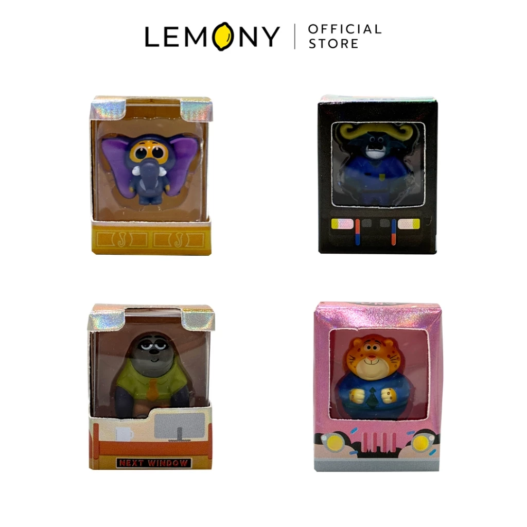 ภาพเจาะจงมินิฟิกเกอร์ซูโทเปีย LEMONY จำนวน 4 กล่อง ประกอบด้วย ฟินนิกในชุดคอสตูมช้างหูม่วง (Finnick Elephant), ผู้บัญชาการควายป่า (Chief Bogo) ในกล่องสีดำ, สล็อตแฟลช (Flash) ในกล่องธีมออฟฟิศ และเสือชีตาห์คลอเฮาเซอร์ (Clawhauser) ในกล่องสีชมพูประกายมุก