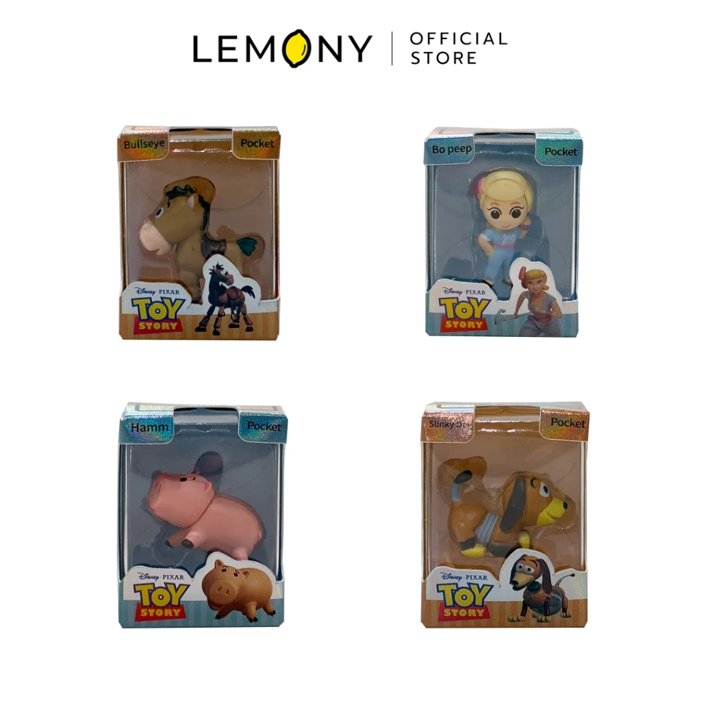 ภาพเจาะจงมินิฟิกเกอร์ทอยสตอรี่ LEMONY จำนวน 4 กล่อง ประกอบด้วย ม้าบัลส์อาย (Bullseye) ในกล่องสีน้ำตาล, สาวเลี้ยงแกะโบพี้ป (Bo Peep) ในกล่องสีฟ้าคิ้วท์, ออมสินหมูแฮมม์ (Hamm) ในกล่องสีน้ำเงิน และหมาสปริงสลิงกี้ด็อก (Slinky Dog) ในกล่องสีทองส้ม