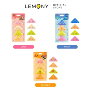 ภาพถ่ายรวม LEMONY ชุดคลิปหนีบกระดาษลายดิสนีย์ บรรจุบนแพ็กเกจการ์ดบอร์ดแนวตั้ง วางเรียงกันครบทั้ง 3 แบบ ได้แก่ ลายหมี Lotso สีชมพู, ลาย Stitch สีฟ้า และลายแก๊งสัตว์ Zootopia สีเขียวมิ้นท์ดูชิคเก๋