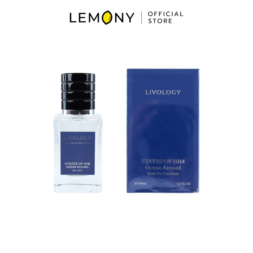 LEMONY น้ำหอมผู้ชาย LIVOLOGY ซีรีส์ States of Him กลิ่น Ocean Accord ขวดแก้วเนื้อใสทรงเหลี่ยมมน โชว์เนื้อน้ำหอมสีฟ้าอ่อนสะท้อนความสดชื่นของทะเล คาดฉลากโลโก้สีดำเรียบชิคพร้อมฝาปิดทรงกลมสีดำ ขนาด 50 มล.