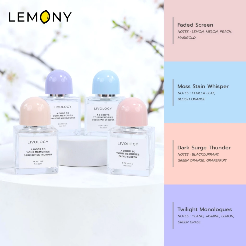 LEMONY น้ำหอมผู้หญิง LIVOLOGY ซีรีส์ A Door to Your Memories ซูมรายละเอียดส่วนบนของขวด โชว์ดีไซน์ฝาปิดทรงกลมแบบผลไม้จับถนัดมือ และหัวสเปรย์สีเงินพรีเมียมสำหรับการฉีดฟุ้งกระจายได้ดี