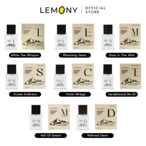 LEMONY น้ำหอมผู้หญิง LIVOLOGY ซีรีส์ The Natural Rhythm Of Essence ขนาด 15 มล. รวมสินค้าขวดแก้วพรีเมียม 4 กลิ่นแรก ได้แก่ กลิ่น White Tea Whisper, Blooming Heart, Rose In The Wild และ Ocean Embrace วางเรียงบนพื้นสะท้อนเงาหรูหรา