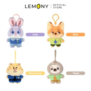 ภาพถ่ายรวม LEMONY พวงกุญแจตุ๊กตาซูโทเปีย ซีรีส์ Sweet Candy ขนาด 12 ซม. ครบทั้ง 4 แบบ ได้แก่ จูดี้ (Judy) โทนสีม่วง, นิค (Nick) โทนสีส้ม, คลอว์ฮาวเซอร์ (Clawhauser) โทนสีเหลือง และแฟลช (Flash) โทนสีน้ำตาล แสดงดีไซน์ตุ๊กตาขนนุ่มนิ่มสุดคิวต์พาสเทล