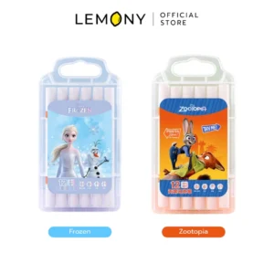 ภาพถ่ายรวม LEMONY เซตสีอะคริลิค 2 หัว 12 สี ลายดิสนีย์ บรรจุในกล่องเคสพลาสติกใสแบบมีหูหิ้วพกพาง่าย วางคู่กันครบทั้ง 2 ลาย ได้แก่ ลาย Frozen โทนสีฟ้าพาสเทลละมุน และลาย Zootopia โทนสีส้มน้ำเงินสุดชิค