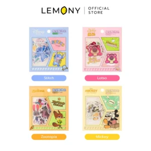 ภาพถ่ายรวม LEMONY ชุดสติ๊กเกอร์ 40 ชิ้น ลายดิสนีย์ รุ่น A75066 วางเรียงกันครบทั้ง 4 ตัวเลือก ได้แก่ ลาย Stitch, ลาย Lotso, ลาย Mickey Mouse และลาย Zootopia โชว์ดีไซน์หน้าปกสีสันสดใสพาสเทลและตัวสติ๊กเกอร์จิ๋วด้านใน