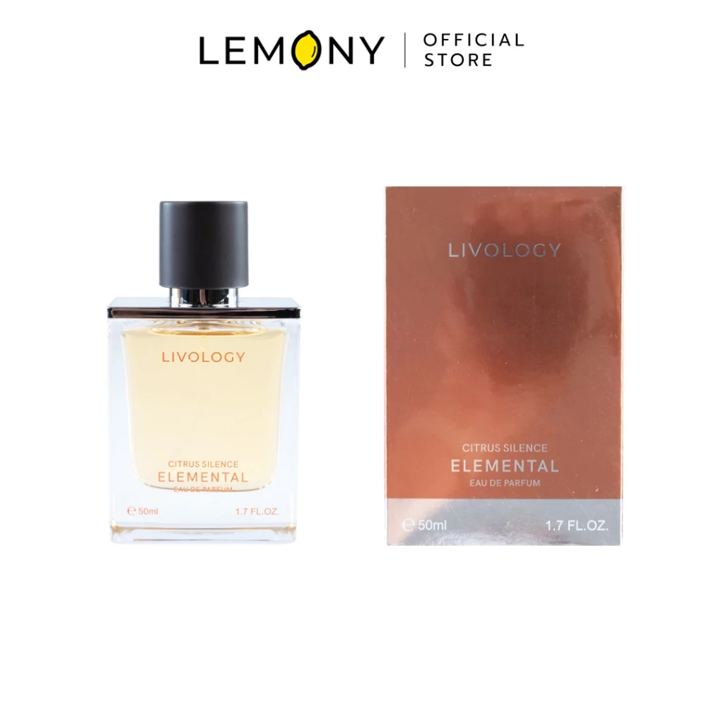 LEMONY น้ำหอมผู้ชาย LIVOLOGY ซีรีส์ Elemental กลิ่น Stone Horizon ขวดแก้วทรงสี่เหลี่ยมเนื้อใส โชว์เนื้อน้ำหอมสีน้ำตาลทองหรือสีอำพันอบอุ่น คาดฉลากโลโก้สีดำพร้อมฝาปิดทรงกระบอกสีดำ ขนาด 50 มล.