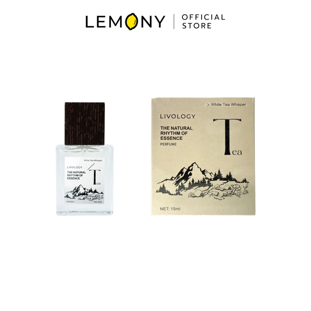 LEMONY น้ำหอมผู้หญิง LIVOLOGY ซีรีส์ The Natural Rhythm Of Essence กลิ่น White Tea Whisper ขวดแก้วเนื้อใสโชว์เนื้อน้ำหอมใสไม่มีสี ผูกด้วยการ์ดป้ายฉลากสีขาวสะอาดตา เรียบหรูดูแพง ขนาดพกพา 15 มล.