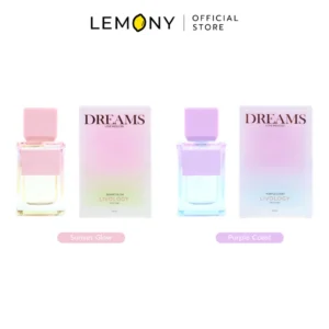LEMONY น้ำหอมผู้ชาย LIVOLOGY ซีรีส์ Dreams Love Induced ขนาด 50 มล. รวมตัวเลือกสินค้าขวดแก้วหรูหรา 2 กลิ่น ได้แก่ กลิ่น Purple Coast ขวดเทาเข้มลายเส้นสีดำ และกลิ่น Sunset Glow ขวดขาวลายเส้นสีส้มทอง วางคู่กันอย่างมีสไตล์