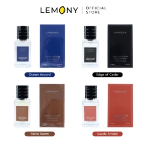 LEMONY น้ำหอมผู้ชาย LIVOLOGY ซีรีส์ States of Him ขนาด 50 มล. รวมสินค้าขวดแก้วใสทรงเหลี่ยมมนเรียบเท่ทั้ง 4 กลิ่นวางเรียงคู่กัน โชว์สีสันของน้ำหอมภายในที่แตกต่างกัน และดีไซน์ฝาปิดทรงกลมสีดำสนิทสุดลักชูรี