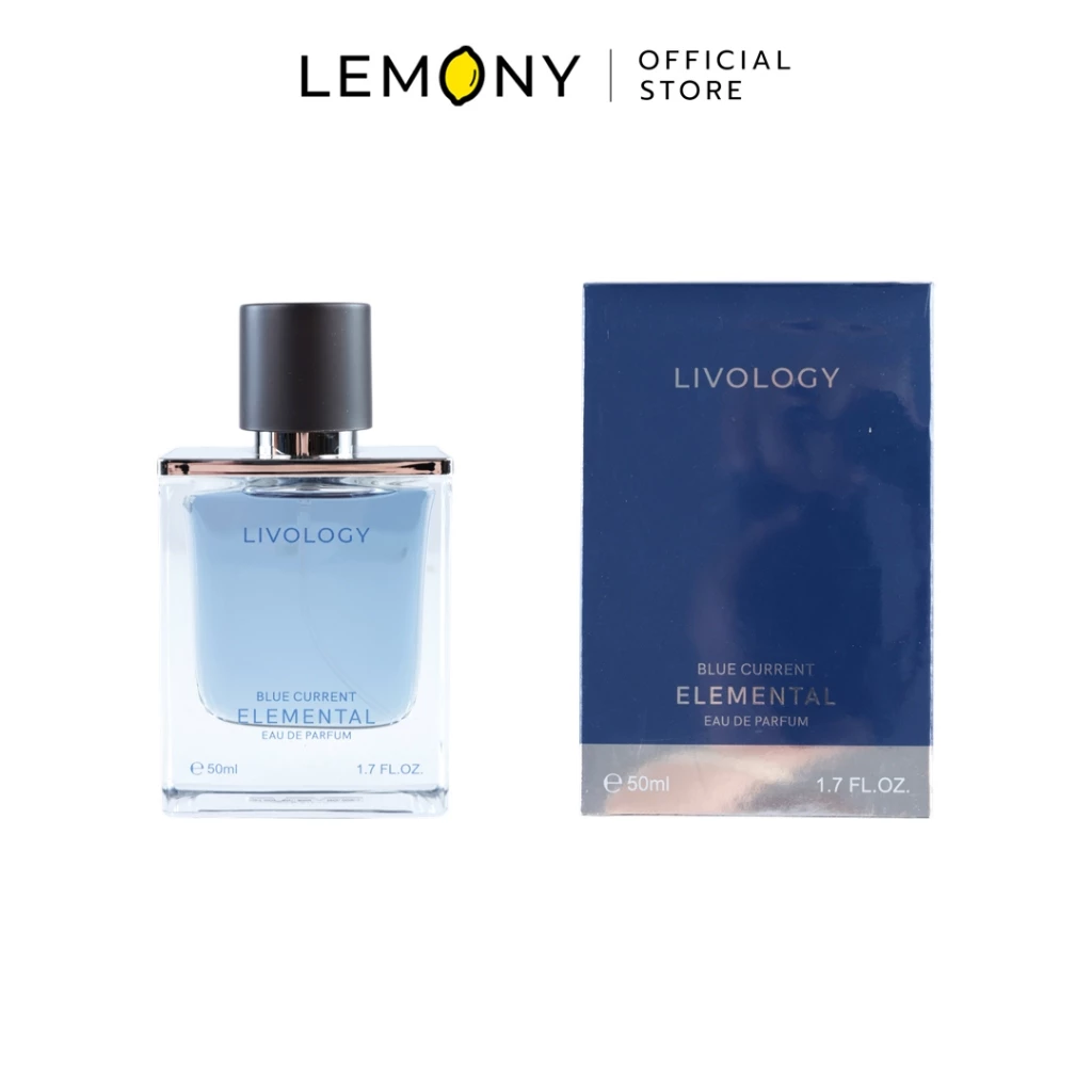 LEMONY น้ำหอมผู้ชาย LIVOLOGY ซีรีส์ Elemental กลิ่น Blue Current ขวดแก้วทรงสี่เหลี่ยมเนื้อใส โชว์เนื้อน้ำหอมสีฟ้าอ่อนสะอาดสะท้อนความสดชื่น คาดฉลากโลโก้สีดำเรียบชิคพร้อมฝาปิดทรงกระบอกสีดำ ขนาด 50 มล.