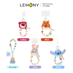 ภาพถ่ายรวม LEMONY พวงกุญแจตุ๊กตา ซีรีส์ Colorful Disney Collection ครบทั้ง 5 แบบ ได้แก่ ล็อตโซ (Lotso), นิค (Nick), จูดี้ (Judy), สติทช์ (Stitch) และสครัมป์ (Scrump) โชว์ดีไซน์พวงกุญแจตุ๊กตาหัวขนฟูนุ่มนิ่มแต่งสายคล้องลูกปัดหลากสีสันสดใสชิคเก๋