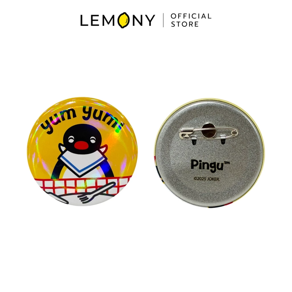LEMONY เข็มกลัดพิงกุ ซีรีส์ Tinplate ลาย Yum Yum ดีไซน์โทนสีน้ำเงินม่วงเล่นแสงโฮโลแกรม ลาย Pingu หม่ำของอร่อยสุดตะมุตะมิ ขนาด 75 มม.