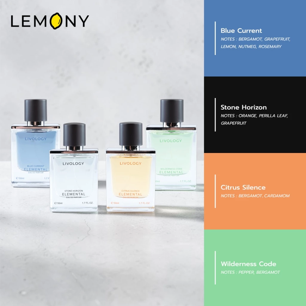 LEMONY น้ำหอมผู้ชาย LIVOLOGY ซีรีส์ Elemental ซูมรายละเอียดส่วนบนของขวดแก้ว โชว์ฝาปิดทรงกระบอกสีดำทึบจับถนัดมือ และหัวสเปรย์เมทัลลิกสีเงินพรีเมียมสำหรับการฉีดพ่นละอองฝ้ากระจายกลิ่นติดทนนาน