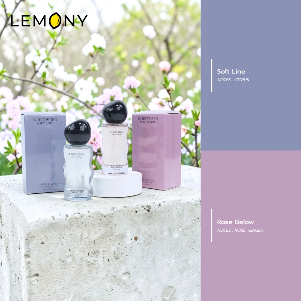 LEMONY น้ำหอมผู้หญิง LIVOLOGY ซีรีส์ In Between ซูมรายละเอียดส่วนบนของขวด โชว์ดีไซน์ฝาปิดทรงลูกบาศก์สี่เหลี่ยมสีใสอะคริลิกมองเห็นหัวสเปรย์โลหะสีเงินพรีเมียมด้านใน ออกแบบมาสำหรับการฉีดพ่นกระจายละอองน้ำหอมได้ดี