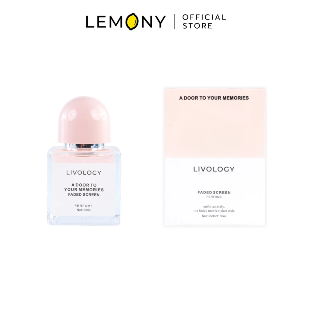 LEMONY น้ำหอมผู้หญิง LIVOLOGY ซีรีส์ A Door to Your Memories กลิ่น Faded Screen ขวดแก้วเนื้อใสโชว์เนื้อน้ำหอมสีชมพูละมุน ผูกด้วยการ์ดป้ายฉลากสีชมพูพีชพาสเทลสดใส ขนาด 30 มล.