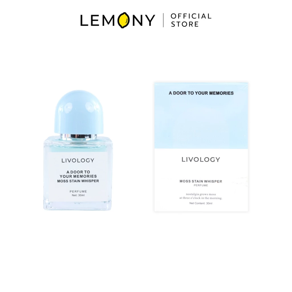 LEMONY น้ำหอมผู้หญิง LIVOLOGY ซีรีส์ A Door to Your Memories กลิ่น Moss Stain Whisper ขวดแก้วเนื้อใสโชว์เนื้อน้ำหอมสีเขียวอ่อนโปร่งแสง ผูกด้วยการ์ดป้ายฉลากสีเขียวใบไม้ธรรมชาติ ขนาด 30 มล.