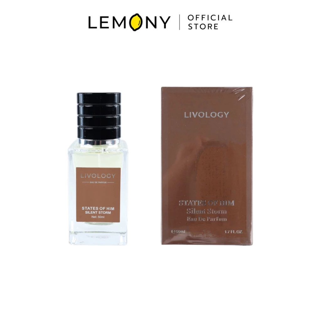 LEMONY น้ำหอมผู้ชาย LIVOLOGY ซีรีส์ States of Him กลิ่น Silent Storm ขวดแก้วเนื้อใสทรงเหลี่ยมมน โชว์เนื้อน้ำหอมสีม่วงครามลึกลับน่าค้นหา คาดฉลากโลโก้สีดำพร้อมฝาปิดทรงกลมสีดำ ขนาด 50 มล.