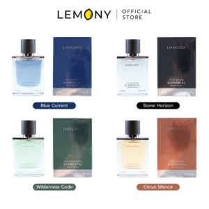LEMONY น้ำหอมผู้ชาย LIVOLOGY ซีรีส์ Elemental ขนาด 50 มล. รวมสินค้าขวดแก้วใสทรงสี่เหลี่ยมเรียบเท่ทั้ง 4 เฉดกลิ่นวางเรียงคู่กัน โชว์สีสันของน้ำหอมภายในขวดและดีไซน์ฝาปิดทรงกระบอกสีดำสนิทสุดลักชูรี