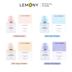 LEMONY น้ำหอมผู้หญิง LIVOLOGY ซีรีส์ A Door to Your Memories ขนาด 30 มล. รวมสินค้าขวดแก้วทรงแบนพรีเมียม 4 กลิ่นวางเรียงคู่กันอย่างสวยงาม โชว์สีของน้ำหอมและการ์ดป้ายผูกคอขวดที่แตกต่างกัน