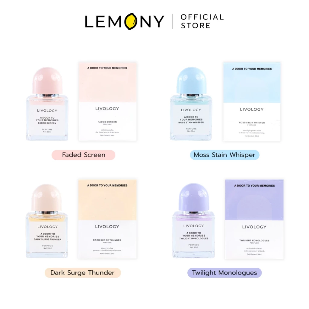 LEMONY น้ำหอมผู้หญิง LIVOLOGY ซีรีส์ A Door to Your Memories ขนาด 30 มล. รวมสินค้าขวดแก้วทรงแบนพรีเมียม 4 กลิ่นวางเรียงคู่กันอย่างสวยงาม โชว์สีของน้ำหอมและการ์ดป้ายผูกคอขวดที่แตกต่างกัน