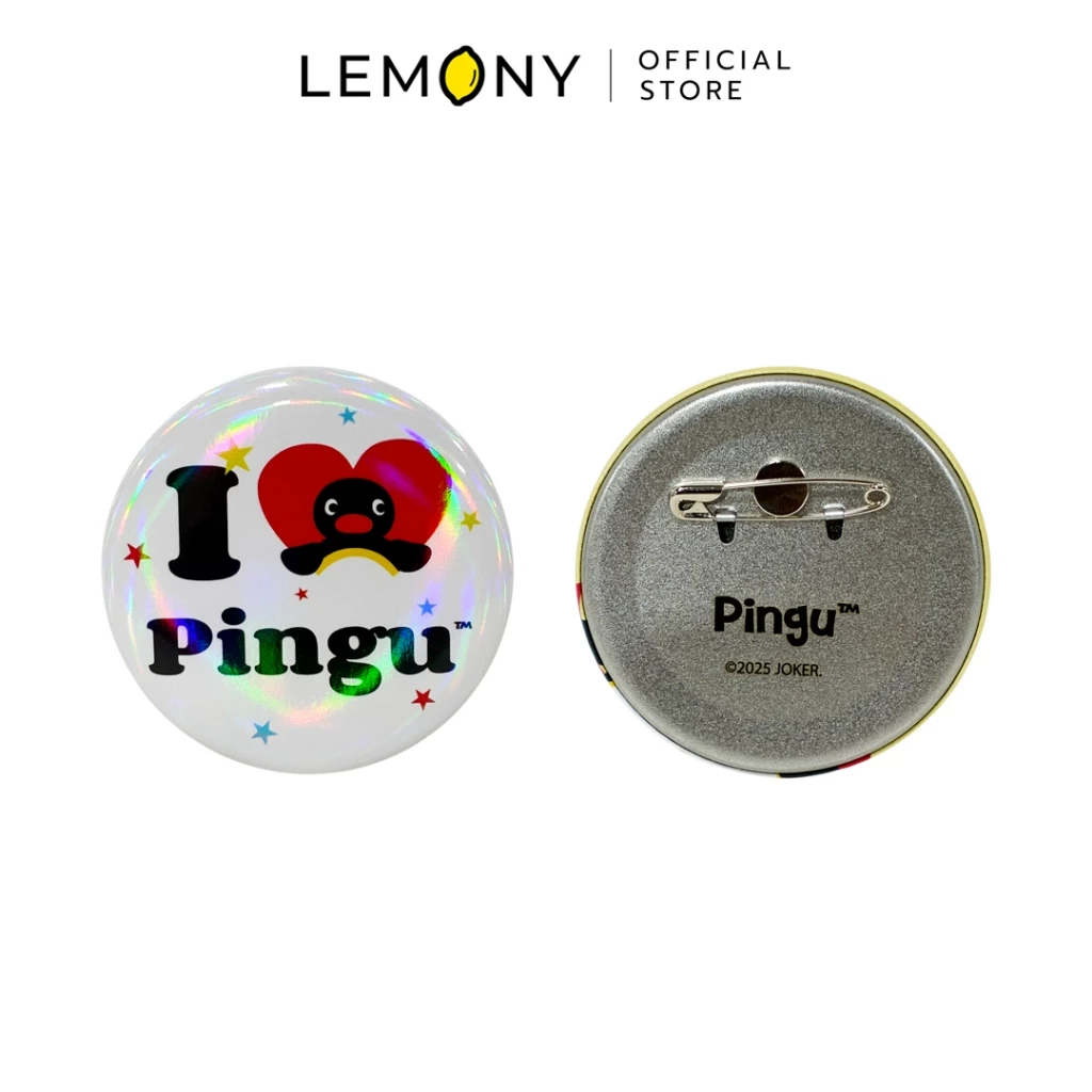 LEMONY เข็มกลัดพิงกุ ซีรีส์ Tinplate ลาย I love Pingu ดีไซน์โทนสีส้มแดงเล่นแสงโฮโลแกรมน่ารักสุดชิค ขนาด 75 มม.