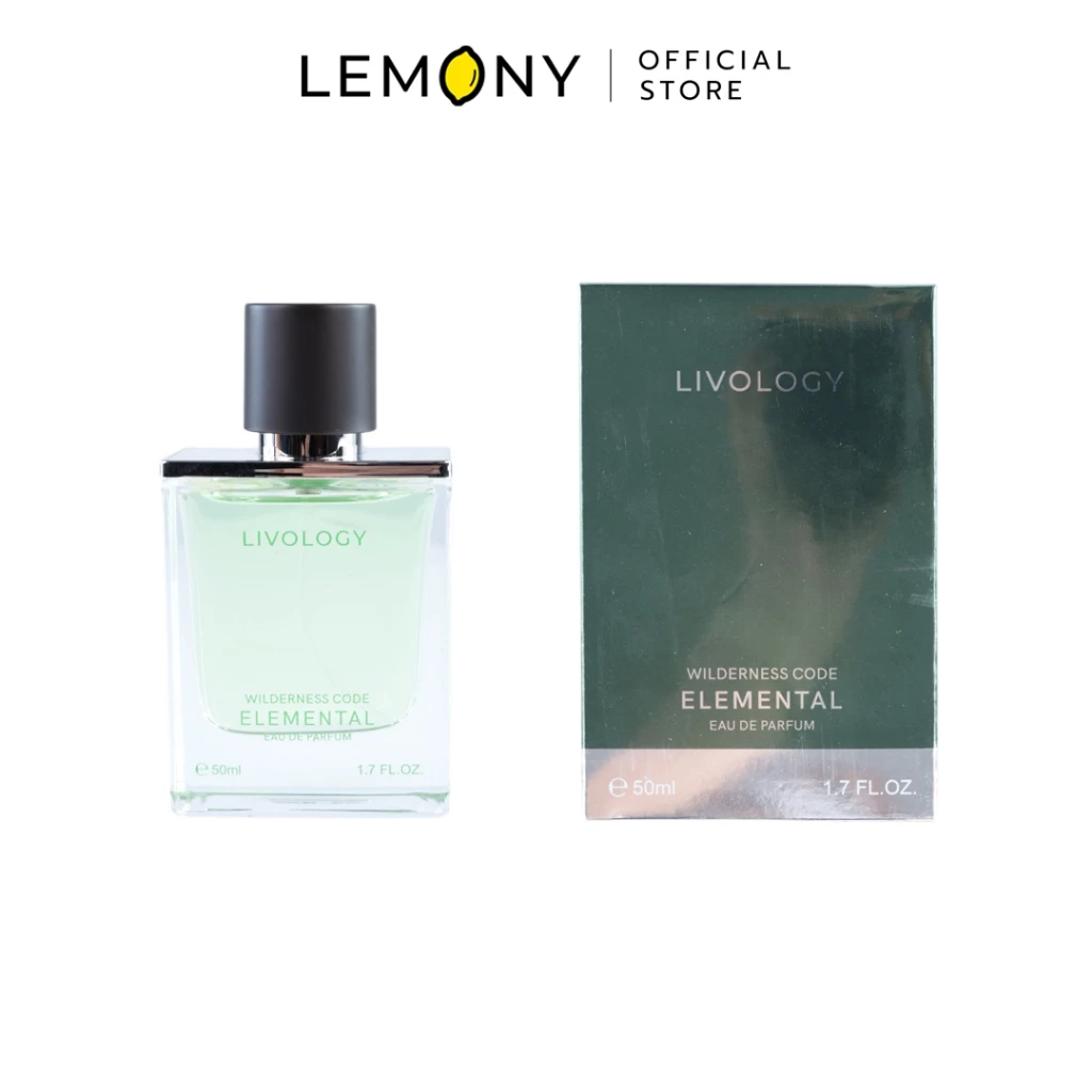 LEMONY น้ำหอมผู้ชาย LIVOLOGY ซีรีส์ Elemental กลิ่น Citrus Silence ขวดแก้วทรงสี่เหลี่ยมเนื้อใส โชว์เนื้อน้ำหอมสีเขียวอ่อนโปร่งแสงสะท้อนความสุขุม คาดฉลากโลโก้สีดำพร้อมฝาปิดทรงกระบอกสีดำ ขนาด 50 มล.