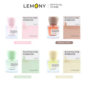 LEMONY น้ำหอมผู้หญิง LIVOLOGY ซีรีส์ Waiting For Someone ขนาด 30 มล. รวมสินค้าขวดแก้วทรงแบนพรีเมียม 4 กลิ่นวางเรียงคู่กันอย่างสวยงาม โชว์สีของน้ำหอมและดีไซน์ป้ายผูกคอขวดที่แตกต่างกัน