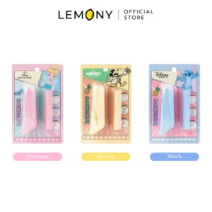 ภาพถ่ายรวม LEMONY ชุดยางลบดินสอพร้อมไส้เติม ลายดิสนีย์ รุ่น A72076 วางเรียงกันครบทั้ง 3 ตัวเลือก ได้แก่ ลาย Stitch โทนสีฟ้า ลาย Mickey Mouse โทนสีน้ำเงิน และลาย Princess โทนสีชมพู บรรจุในแผงแพ็กเกจจิ้งใสดีไซน์ชิคเก๋
