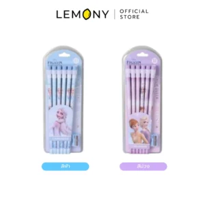 LEMONY ชุดดินสอโฟรเซ่นพร้อมกบเหลาดินสอ Disney Frozen Collection วางคู่กัน 2 แบบ โชว์กล่องแพ็กเกจดีไซน์ทรงกระบอกแนวตั้งพลาสติกใส ฝาปิดพลาสติกสีม่วงพิมพ์ลาย Elsa และ Anna และฝาปิดสีฟ้าพิมพ์ลาย Elsa ถือพลังหิมะสุดชิค