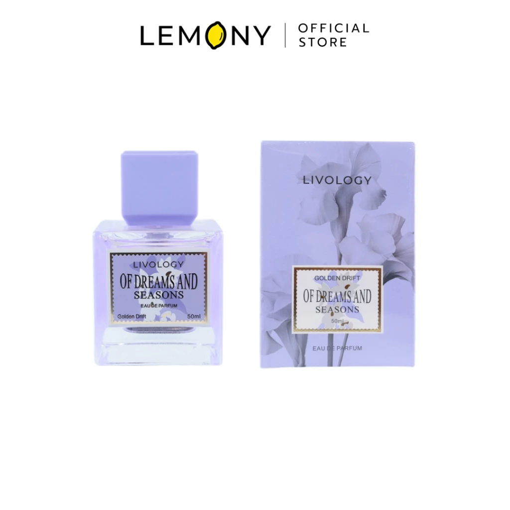 LEMONY น้ำหอมผู้หญิง LIVOLOGY ซีรีส์ Of Dreams and Seasons กลิ่น Golden Drift ขวดแก้วเนื้อใสทรงลูกบาศก์ โชว์น้ำหอมใสสะอาดไม่มีสี ผูกด้วยการ์ดป้ายฉลากสีครีมขาวละมุนใจ ขนาด 50 มล.