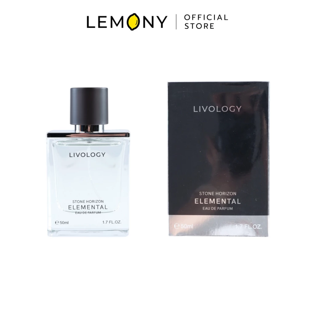 LEMONY น้ำหอมผู้ชาย LIVOLOGY ซีรีส์ Elemental กลิ่น Wilderness Code ขวดแก้วทรงสี่เหลี่ยมเนื้อใส โชว์เนื้อน้ำหอมสีม่วงครามลึกลับน่าค้นหา คาดฉลากโลโก้สีดำพร้อมฝาปิดทรงกระบอกสีดำ ขนาด 50 มล.