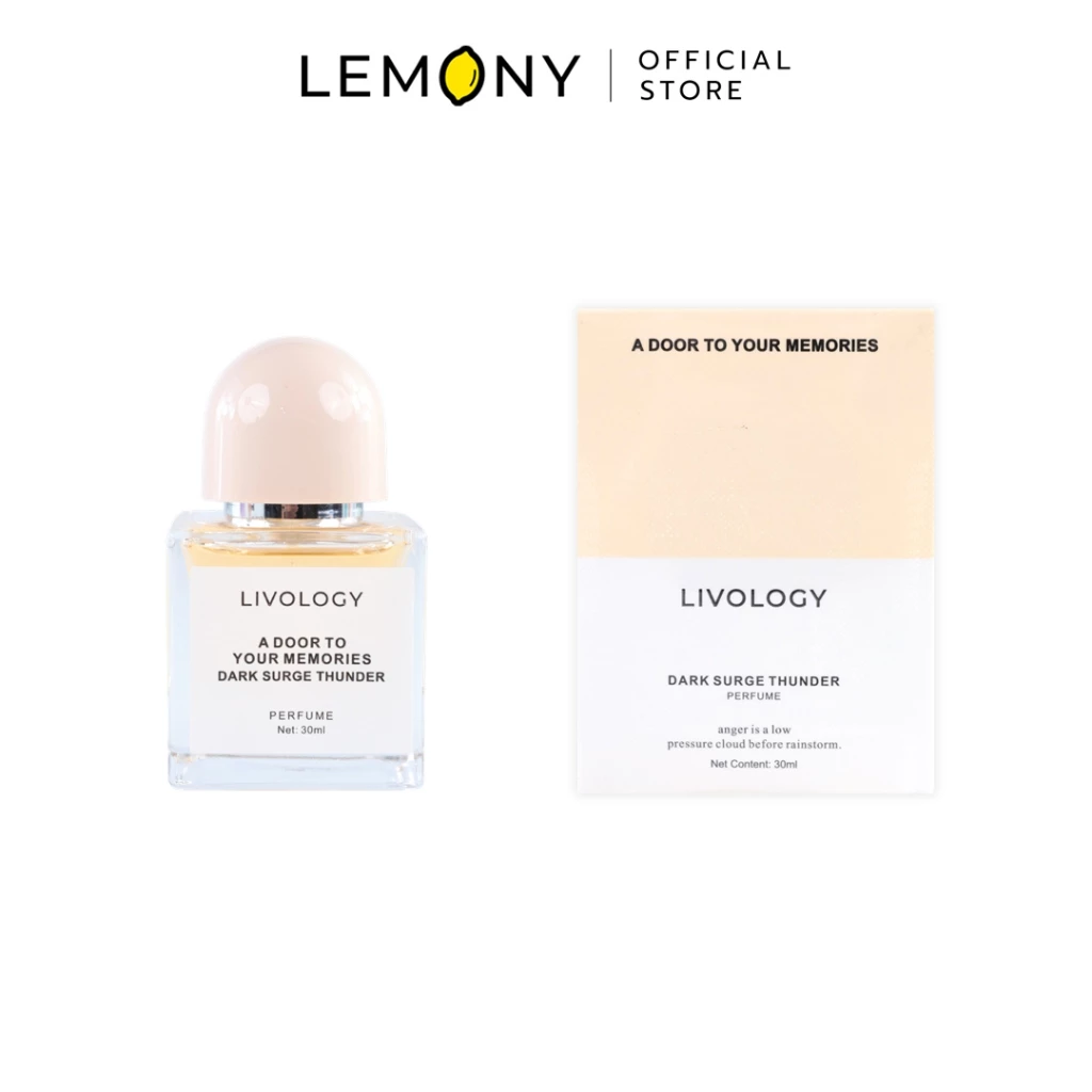 LEMONY น้ำหอมผู้หญิง LIVOLOGY ซีรีส์ A Door to Your Memories กลิ่น Dark Surge Thunder ขวดแก้วเนื้อใสโชว์เนื้อน้ำหอมสีน้ำตาลทองอร่าม ผูกด้วยการ์ดป้ายฉลากสีน้ำตาลทรายนุ่มนวล ขนาด 30 มล.