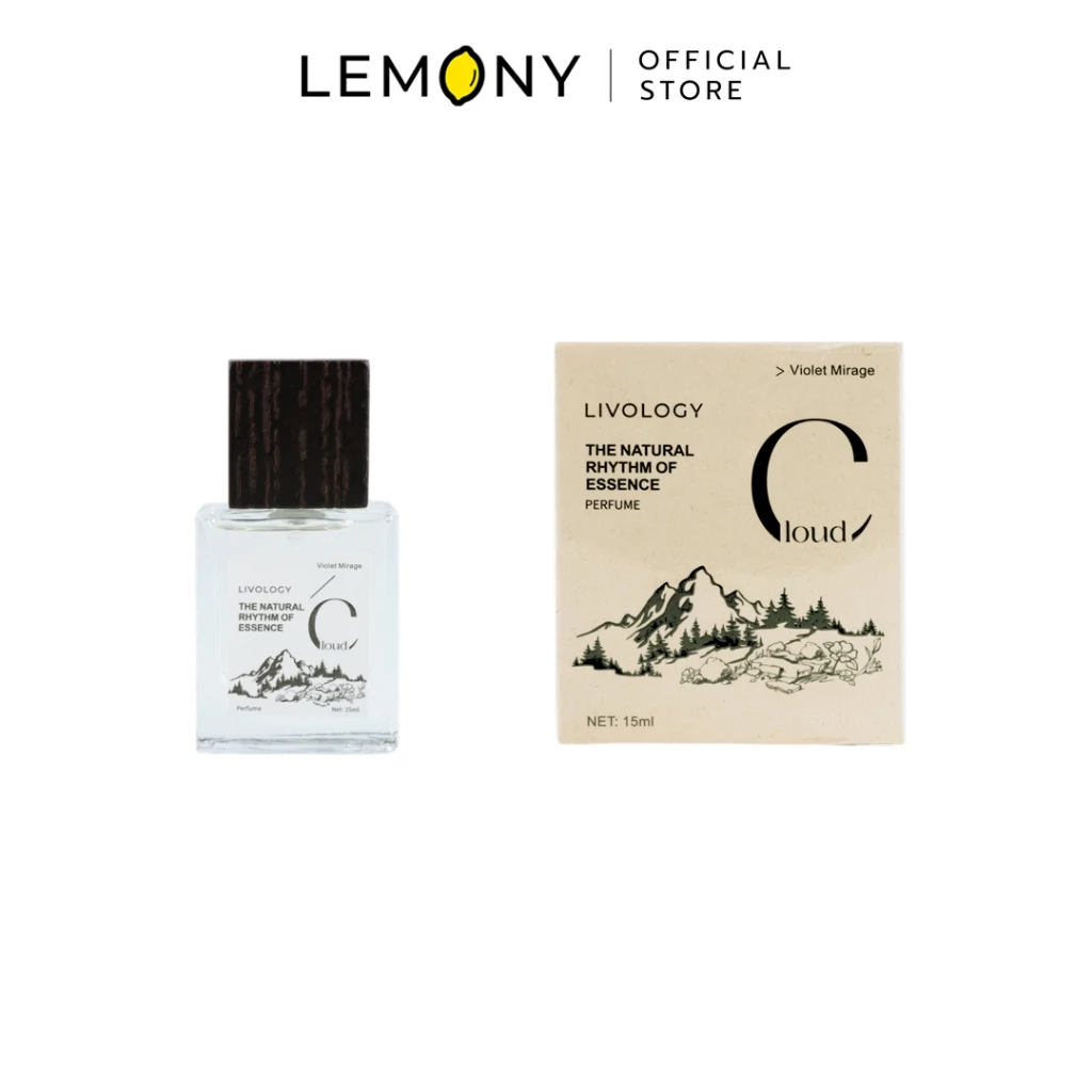 LEMONY น้ำหอมผู้หญิง LIVOLOGY ซีรีส์ The Natural Rhythm Of Essence กลิ่น Violet Mirage ขวดแก้วเนื้อใสโชว์เนื้อน้ำหอมสีม่วงอ่อนชวนฝัน ผูกด้วยการ์ดป้ายฉลากสีม่วงลาเวนเดอร์พาสเทล ขนาดพกพา 15 มล.