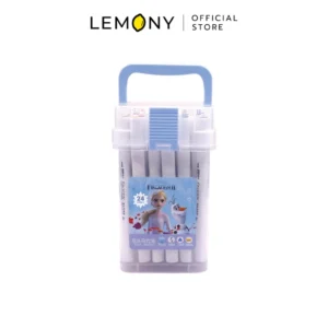 LEMONY ปากกามาร์กเกอร์ 2 หัว 24 สี Disney Frozen Collection โชว์กล่องพลาสติกใสทรงเหลี่ยมแนวตั้ง 2 กล่อง ด้านหน้ามีสติกเกอร์ลายการ์ตูน Elsa และ Anna พร้อมแสดงตัวอย่างด้ามปากกาด้านในหลากสีสัน และปลอกปากกาที่เปิดโชว์หัวตัดและหัวกลม