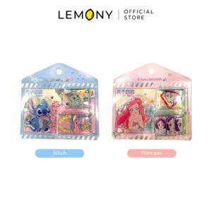 LEMONY ชุดคลิปหนีบกระดาษอะคริลิค ลายดิสนีย์ Disney Collection วางคู่กัน 2 แบบในแพ็กเกจการ์ดสีพาสเทล ได้แก่ ลาย Stitch ตัวซองสีฟ้าสดใส และลาย Princess (เจ้าหญิงดิสนีย์ Rapunzel) ตัวซองสีชมพูแสนหวาน ดีไซน์ชิคและน่ารัก