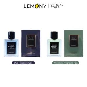 LEMONY น้ำหอมผู้ชาย LIVOLOGY ซีรีส์ Hero Fearless ขนาด 50 มล. รวมตัวเลือกสินค้า 2 แบบวางคู่กันอย่างมีสไตล์บนพื้นสะท้อนแสง ได้แก่ กลิ่น Blue Fragrance ขวดแก้วเนื้อใส และกลิ่น Wilderness Fragrance ขวดเคลือบโทนสีน้ำเงินคราม