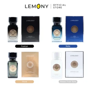 LEMONY น้ำหอมผู้ชาย LIVOLOGY ซีรีส์ Dark Night Carnival Emotional ขนาด 50 มล. รวมตัวเลือกสินค้าขวดแก้วหรูหราทั้ง 4 กลิ่นดีไซน์โทนสีดำเทาและขาววางเรียงบนพื้นสะท้อนแสงน่าค้นหา