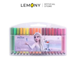LEMONY ชุดปากกาเมจิก 36 สี ลายเอลซ่า โชว์หน้ากล่องเคสพลาสติกใสแบบมีหูหิ้วพกพาง่าย สติกเกอร์พิมพ์ลายราชินีหิมะ Elsa และโอลาฟ Olaf ลิขสิทธิ์แท้จาก Disney Frozen ด้านในเผยให้เห็นแท่งปากกาเมจิกเรียงโทนสีรุ้งอย่างเป็นระเบียบชัดเจน