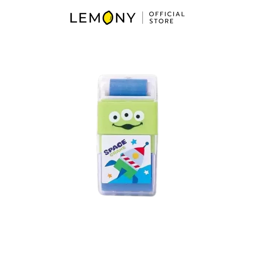 LEMONY ยางลบดินสอพร้อมลูกกลิ้ง ลายจรวด Pizza Planet สีน้ำเงินแดงลิขสิทธิ์แท้ Disney Toy Story โชว์ฝั่งเนื้อยางลบและฝั่งฝาครอบลูกกลิ้งเก็บเศษยางลบ