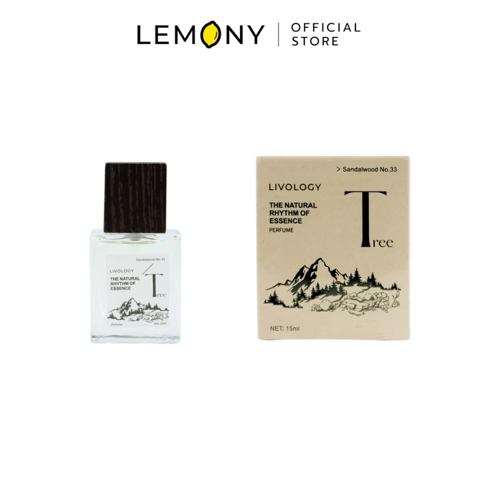 LEMONY น้ำหอมผู้หญิง LIVOLOGY ซีรีส์ The Natural Rhythm Of Essence กลิ่น Sandalwood No.33 ขวดแก้วเนื้อใสโชว์เนื้อน้ำหอมสีน้ำตาลอ่อนโปร่งแสง ผูกด้วยการ์ดป้ายฉลากสีน้ำตาลทรายนุ่มนวล ขนาดพกพา 15 มล.