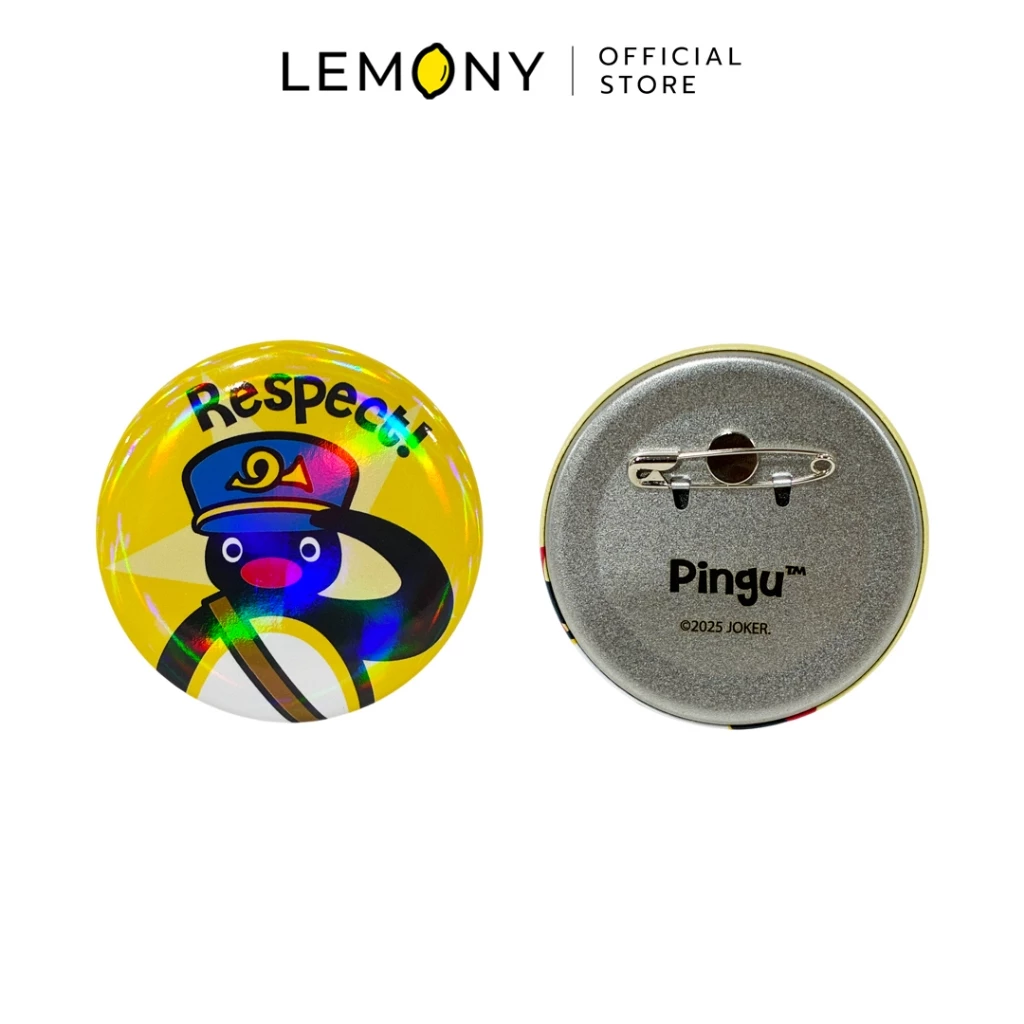 LEMONY เข็มกลัดพิงกุ ซีรีส์ Tinplate ลาย Respect ดีไซน์โทนสีชมพูม่วงเล่นแสงโฮโลแกรม ลาย Pingu ท่าทางสุดกวน ชิคๆ ขนาด 75 มม.